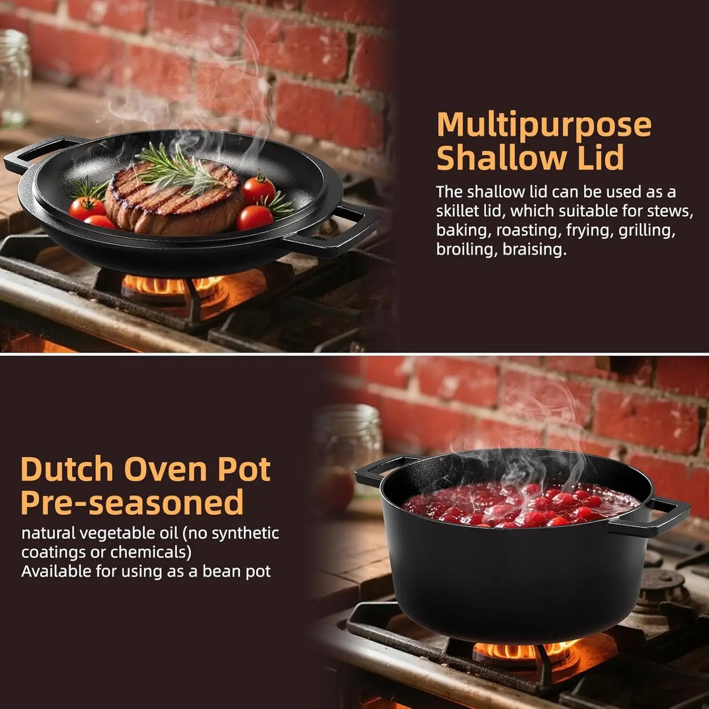 2-in-1 Cast Iron Dutch Oven with Skillet Lid, 7QT Pre-Seasoned Cookware Set for Oven, Grill & Stovetop