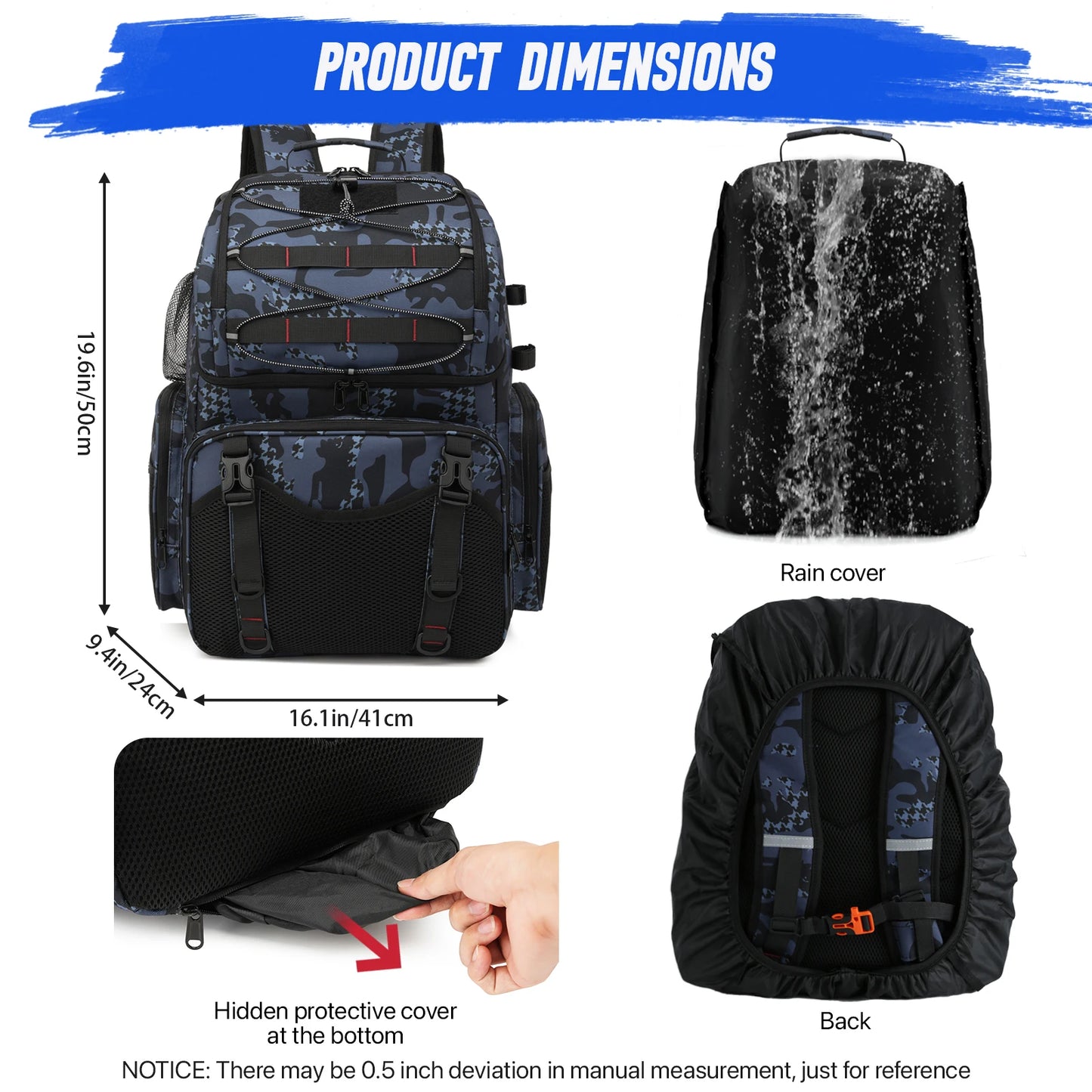 Fishing Backpack 45L Cooler Fishing Tackle Storage Bag with Rod Holders & Rain Cover