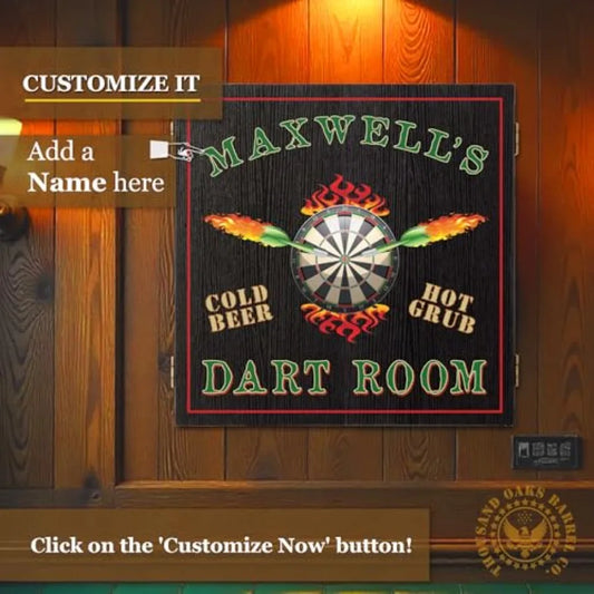 Personalized Dartboard and Cabinet Set with 6 Steel Tip Darts