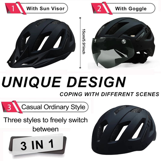 Sun Visor Goggle Men Bicycle Helmet with USB Rechargeable LED Taillight