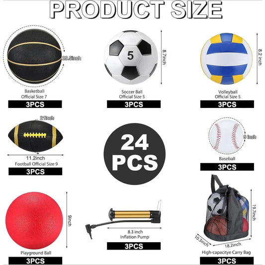 A_18 Pcs Sport Balls Bulk Set Basketball Football Volleyball Soccer Playground Baseball with Sport Equipment Bag Pump for Youth