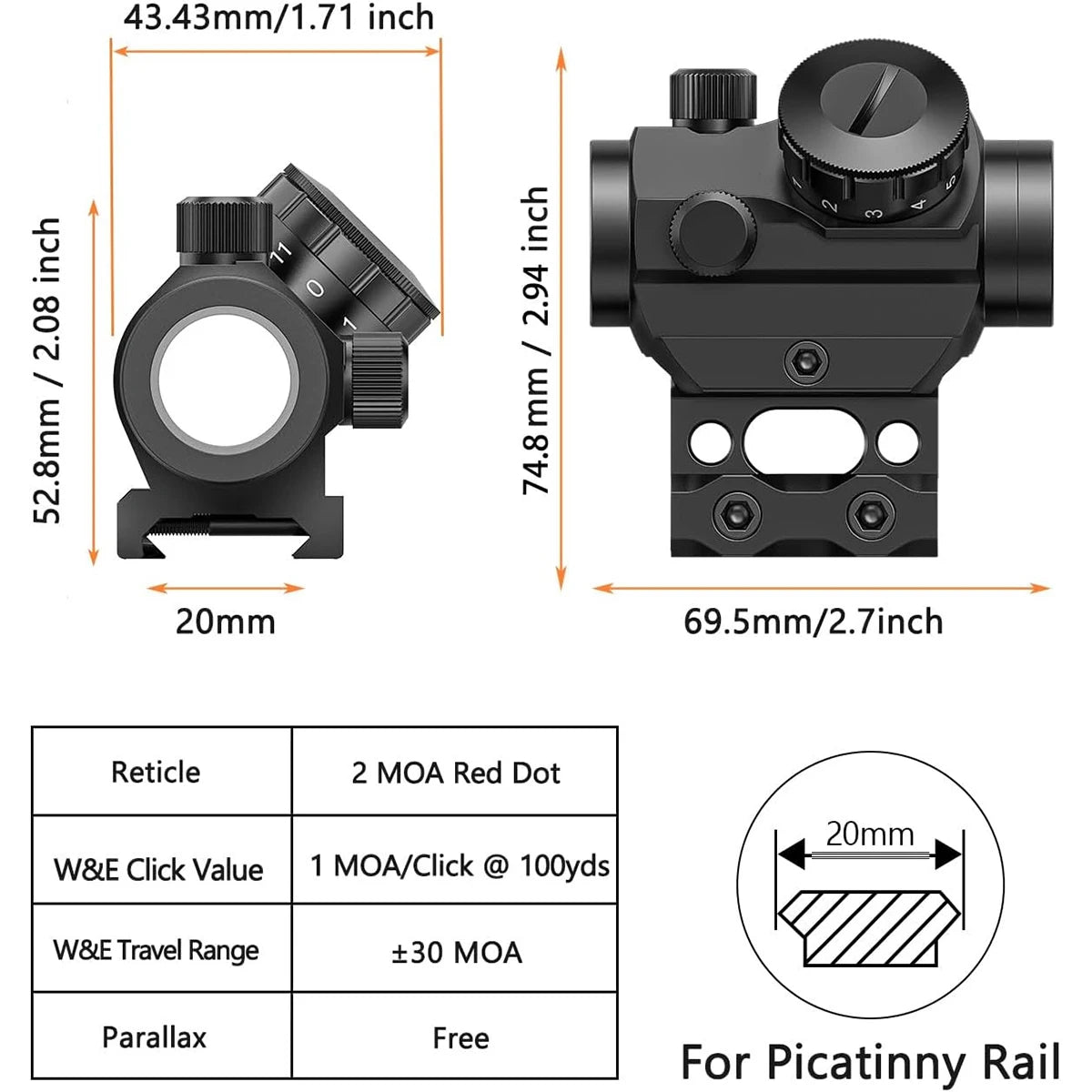 2MOA Red Dot Sight 1x25mm