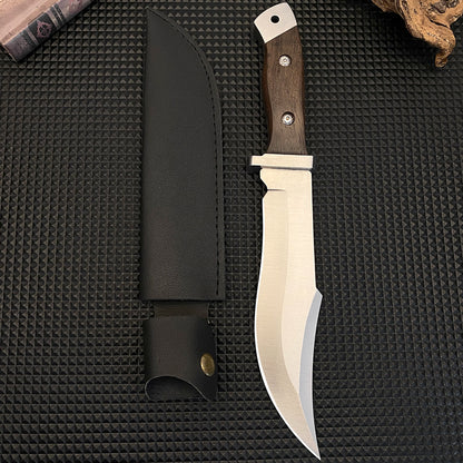 Stainless steel hunting knife with a wooden handle