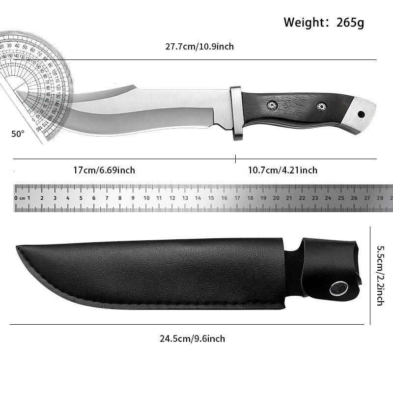 Stainless steel hunting knife with a wooden handle