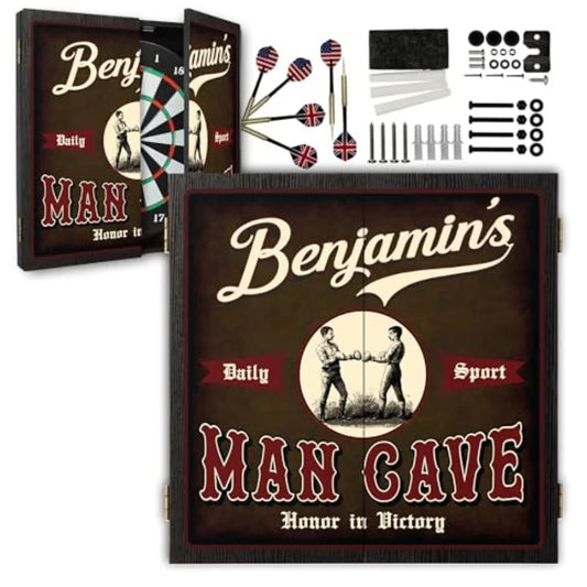 Personalized Dartboard and Cabinet Set with 6 Steel Tip Darts