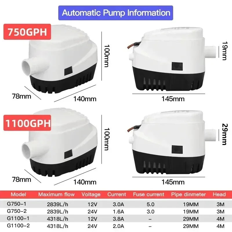 12V 24V 110V 220V 750GPH 1100GPH Automatic Boat Bilge Pump Auto Float Switch DC Submersible Electric Water Pump 12 24 V 220 Volt
