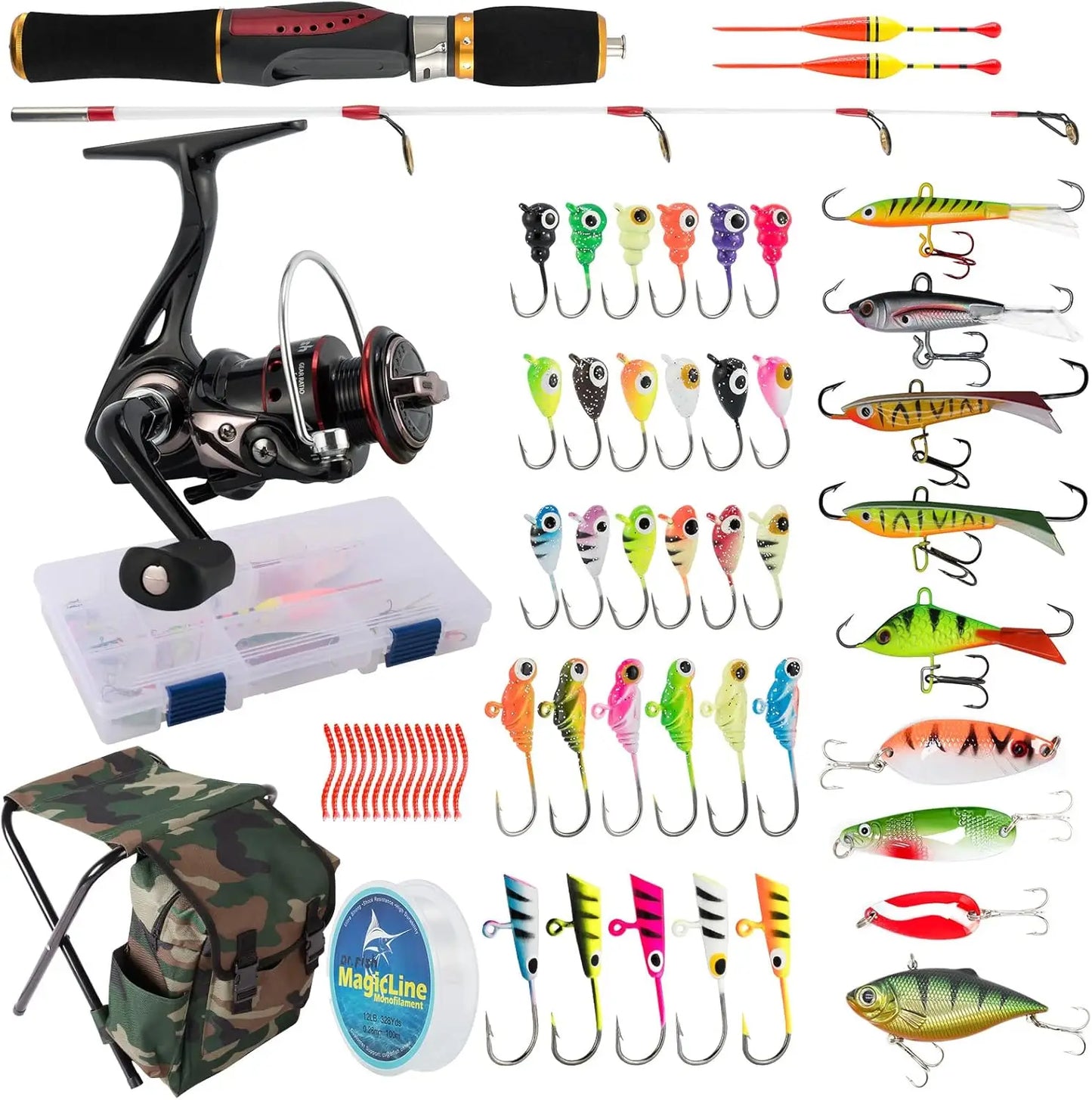 Complete Ice Fishing Rod Reel Combo Kit with Backpack Seat and Lures