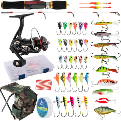 Complete Ice Fishing Rod Reel Combo Kit with Backpack Seat and Lures