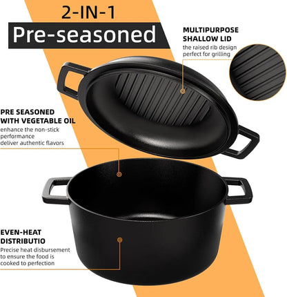 2-in-1 Cast Iron Dutch Oven with Skillet Lid, 7QT Pre-Seasoned Cookware Set for Oven, Grill & Stovetop