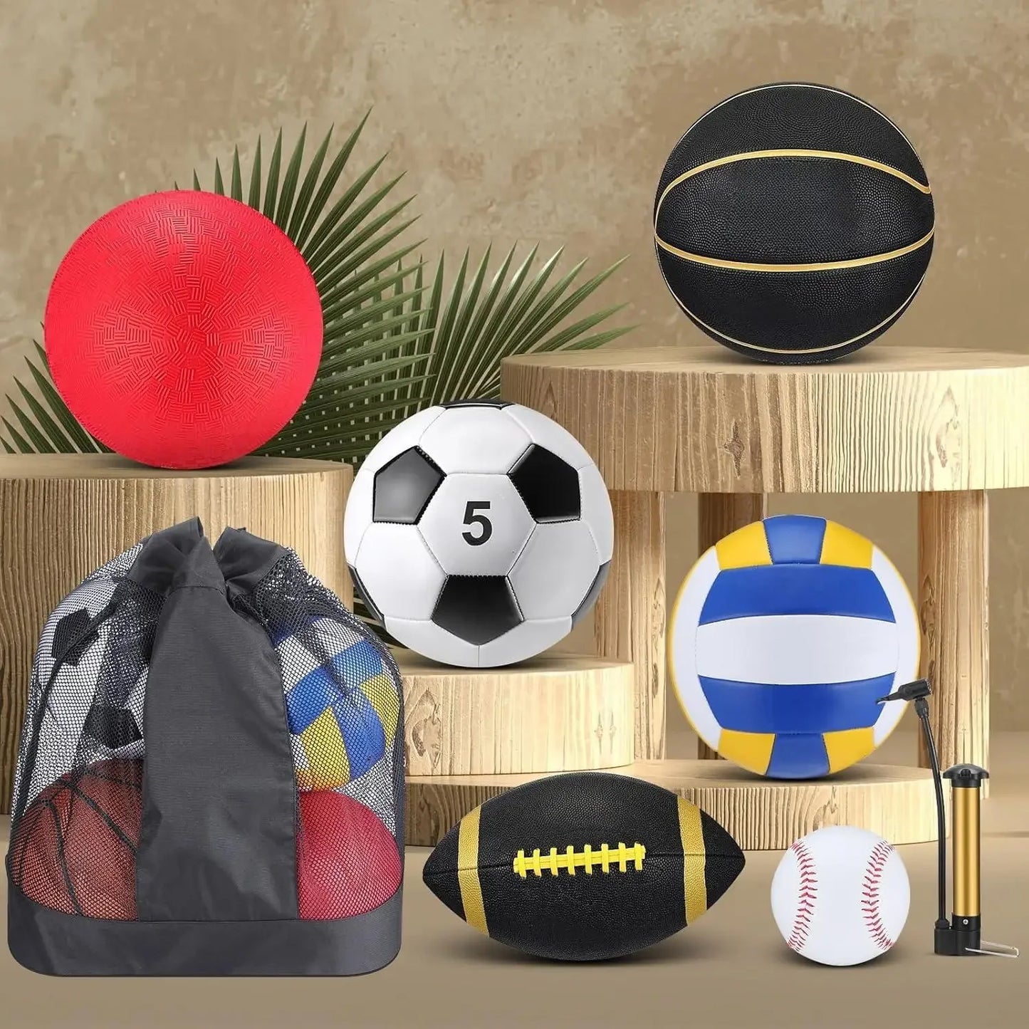 A_18 Pcs Sport Balls Bulk Set Basketball Football Volleyball Soccer Playground Baseball with Sport Equipment Bag Pump for Youth