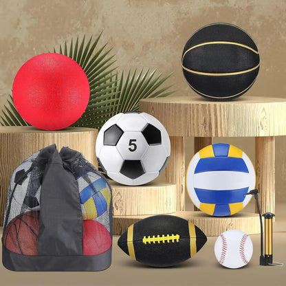 A_18 Pcs Sport Balls Bulk Set Basketball Football Volleyball Soccer Playground Baseball with Sport Equipment Bag Pump for Youth