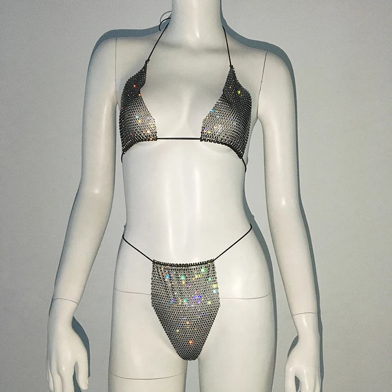 Fishnet Glitter Rhinestone Bikini Set