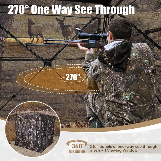 A—Hunting Blind 300D See Through Ground Blinds with Carrying Bag, 2/3/4 Person 270 Degree 2 Doors Pop Up Deer Blind Portable