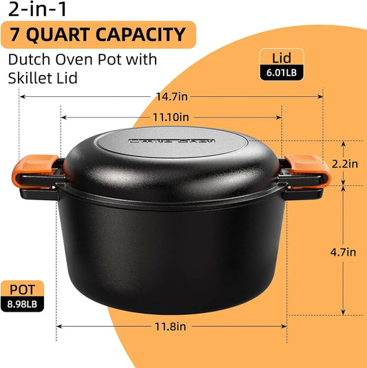 2-in-1 Cast Iron Dutch Oven with Skillet Lid, 7QT Pre-Seasoned Cookware Set for Oven, Grill & Stovetop