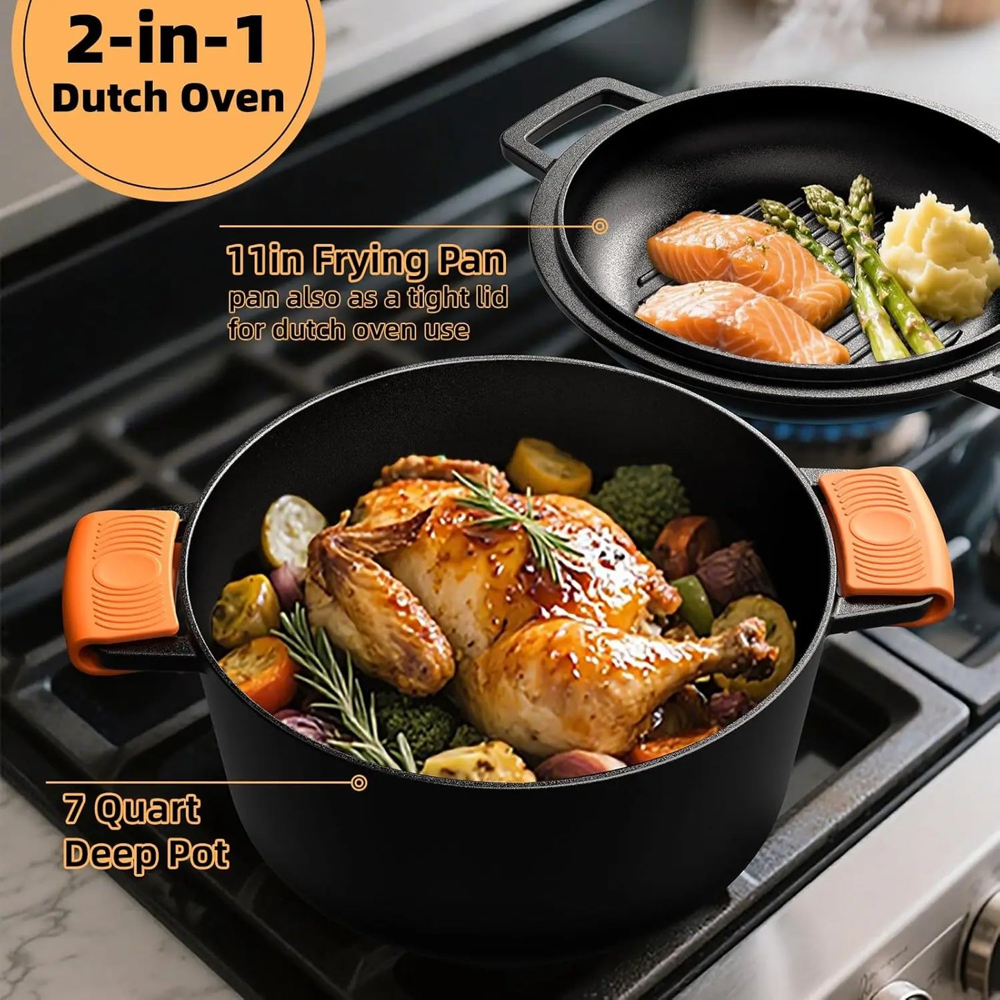 2-in-1 Cast Iron Dutch Oven with Skillet Lid, 7QT Pre-Seasoned Cookware Set for Oven, Grill & Stovetop