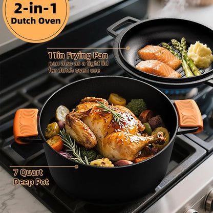2-in-1 Cast Iron Dutch Oven with Skillet Lid, 7QT Pre-Seasoned Cookware Set for Oven, Grill & Stovetop