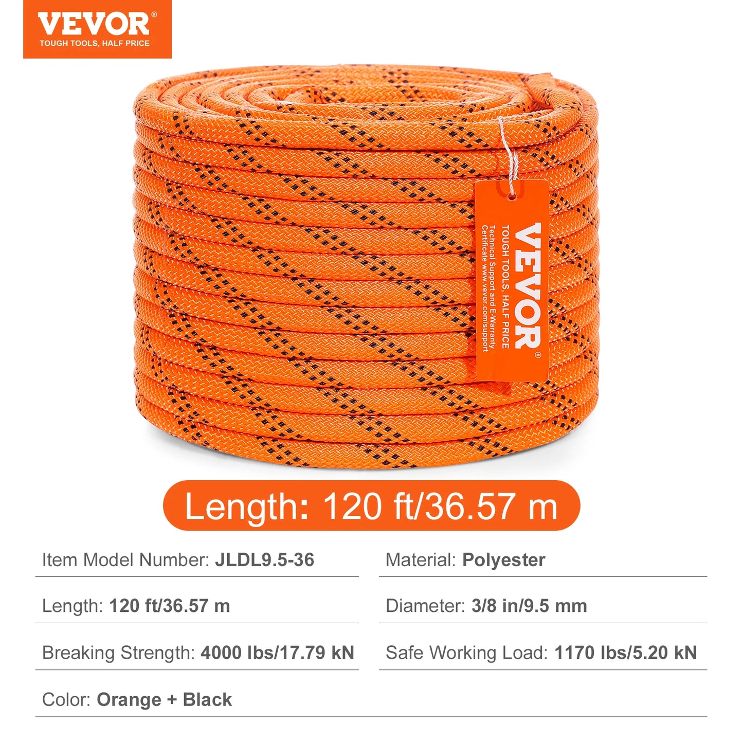 120ft Dual-Weave Polyester Cord 3/8 1/2in 48-Strand Multi-Use Rope