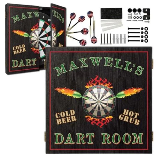 Personalized Dartboard and Cabinet Set with 6 Steel Tip Darts