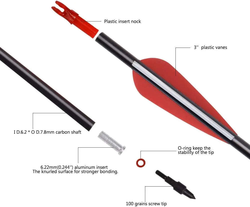 Elong 6/12PCS 26/28/30" Arrows for Compound Bows,Carbon Hunting Arrows for Archery Spine 500 with 100 Grain Screw Tips