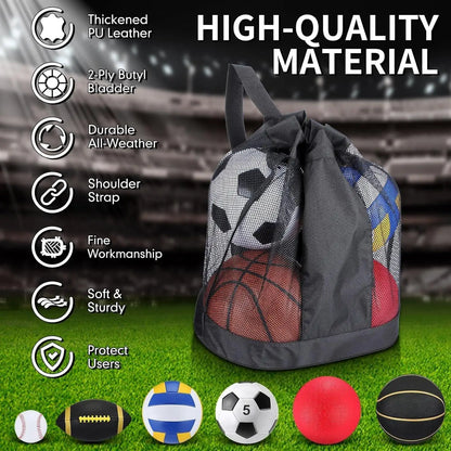 A_18 Pcs Sport Balls Bulk Set Basketball Football Volleyball Soccer Playground Baseball with Sport Equipment Bag Pump for Youth