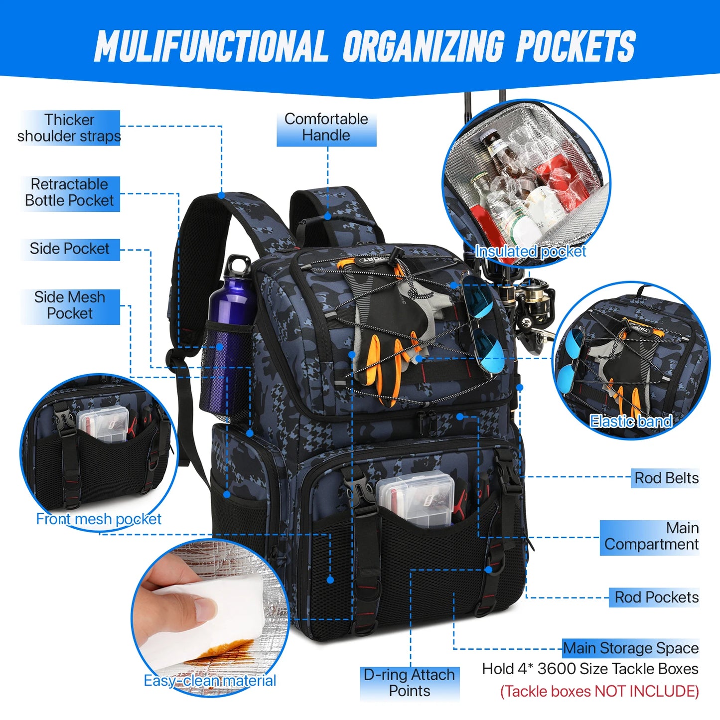Fishing Backpack 45L Cooler Fishing Tackle Storage Bag with Rod Holders & Rain Cover