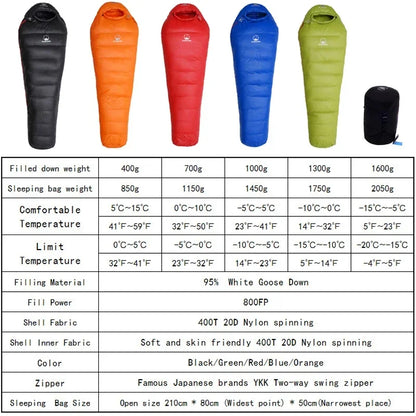 Goose Down Filled Adult Mummy Style Sleeping Bag