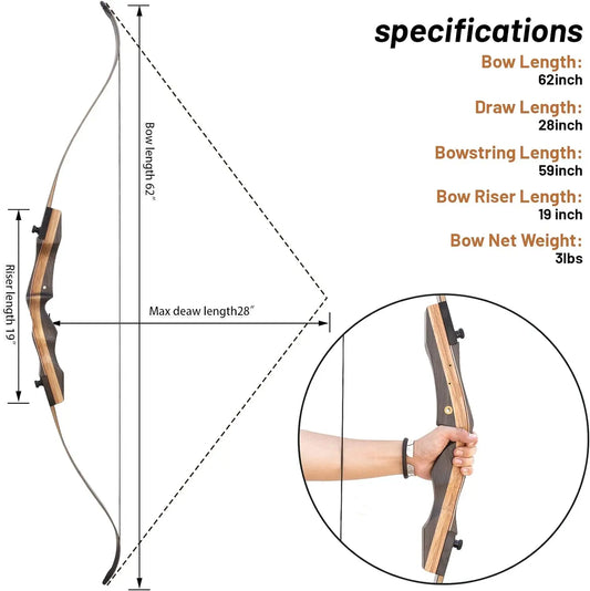 62" Wooden Takedown Recurve Bow Set 25-50lbs Right Hand