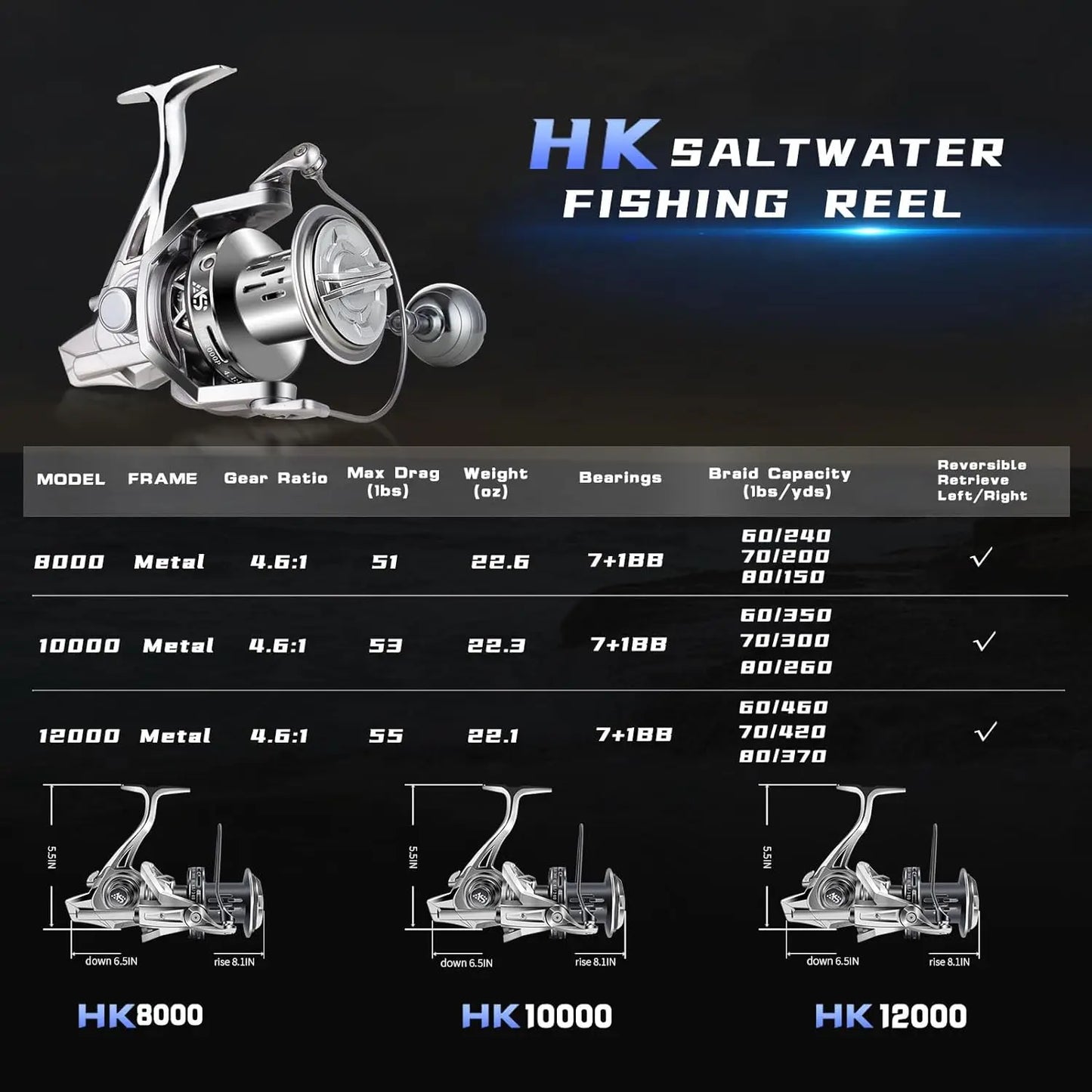Spinning Reel, 8000/10000/12000 Frame Surf Fishing Reels