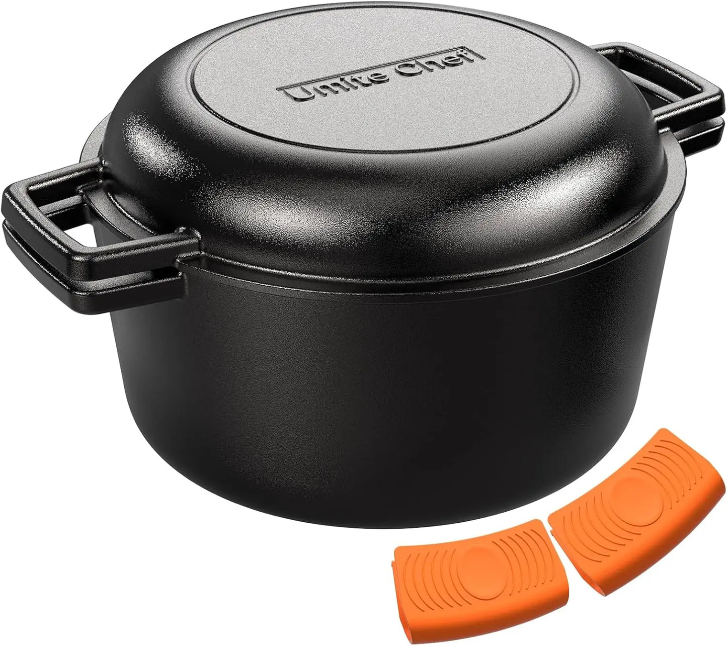 2-in-1 Cast Iron Dutch Oven with Skillet Lid, 7QT Pre-Seasoned Cookware Set for Oven, Grill & Stovetop