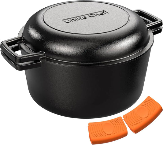 2-in-1 Cast Iron Dutch Oven with Skillet Lid, 7QT Pre-Seasoned Cookware Set for Oven, Grill & Stovetop