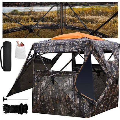 A—Hunting Blind 300D See Through Ground Blinds with Carrying Bag, 2/3/4 Person 270 Degree 2 Doors Pop Up Deer Blind Portable