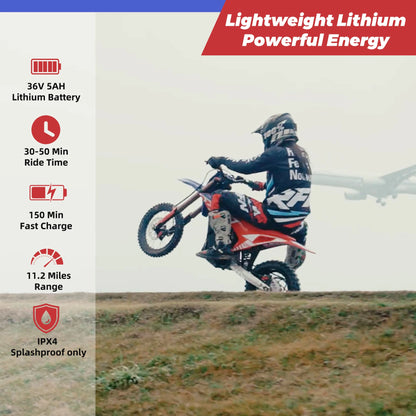 RFN E350 Kids Electric Dirt Bike – 36V 500W Off-Road Motorcycle, 18.6 mph, 11.2 Mile Range, 3-Speed Ride for Ages 4-8
