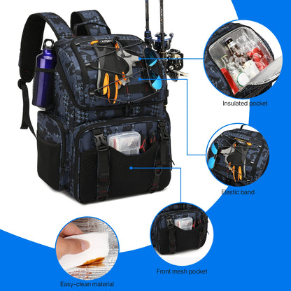Fishing Backpack 45L Cooler Fishing Tackle Storage Bag with Rod Holders & Rain Cover