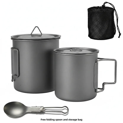Titanium Camping Cookware Set with Folding Mug (420ml/750ml) and 750ml Pot, Lightweight Portable Outdoor Kit for Hiking Backpack
