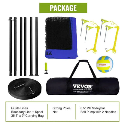 Outdoor Portable Volleyball Net System Heavy Duty PVC Net with Adjustable Steel Poles Complete with Ball, Pump, and Carry Bag