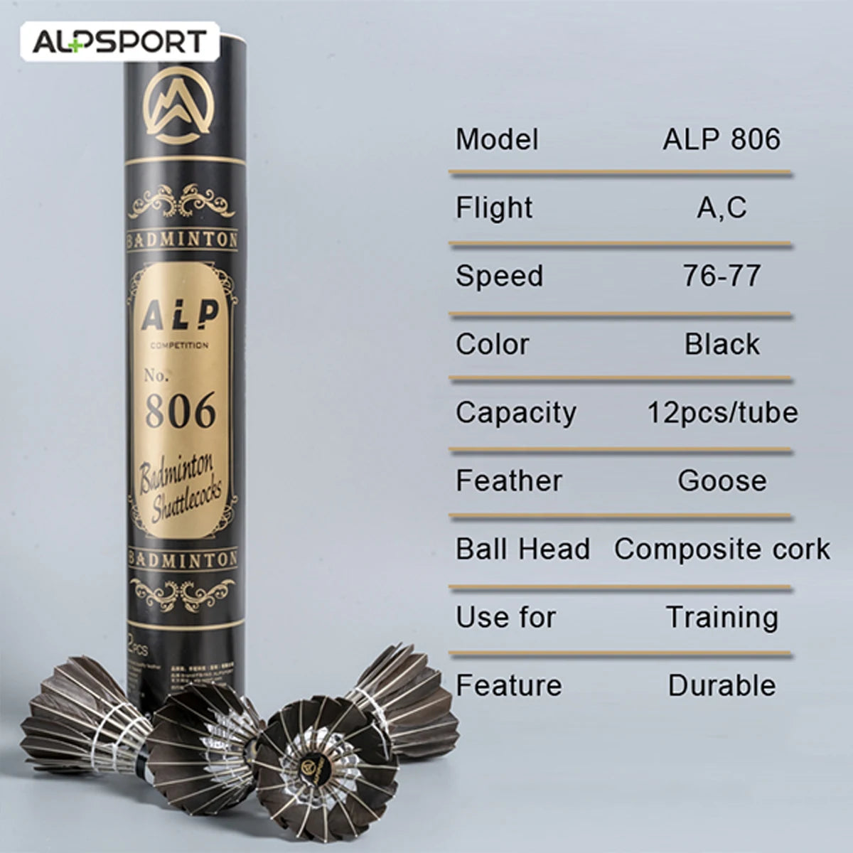 ALP 806 Badminton Shuttlecocks 12Pcs Black Goose Feather Badminton Balls for Training Badminton Sports 77 76 Speed Shuttlecock