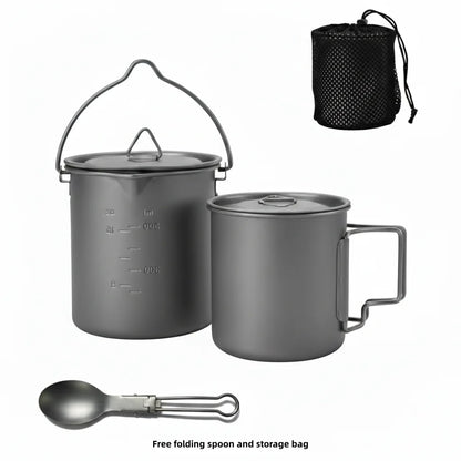 Titanium Camping Cookware Set with Folding Mug (420ml/750ml) and 750ml Pot, Lightweight Portable Outdoor Kit for Hiking Backpack