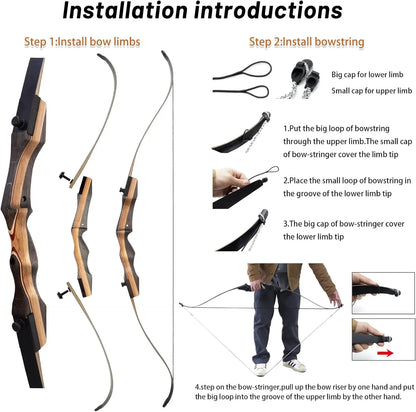 62" Wooden Takedown Recurve Bow Set 25-50lbs Right Hand