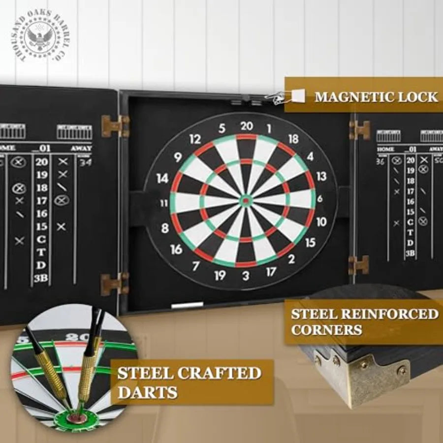 Personalized Dartboard and Cabinet Set with 6 Steel Tip Darts f