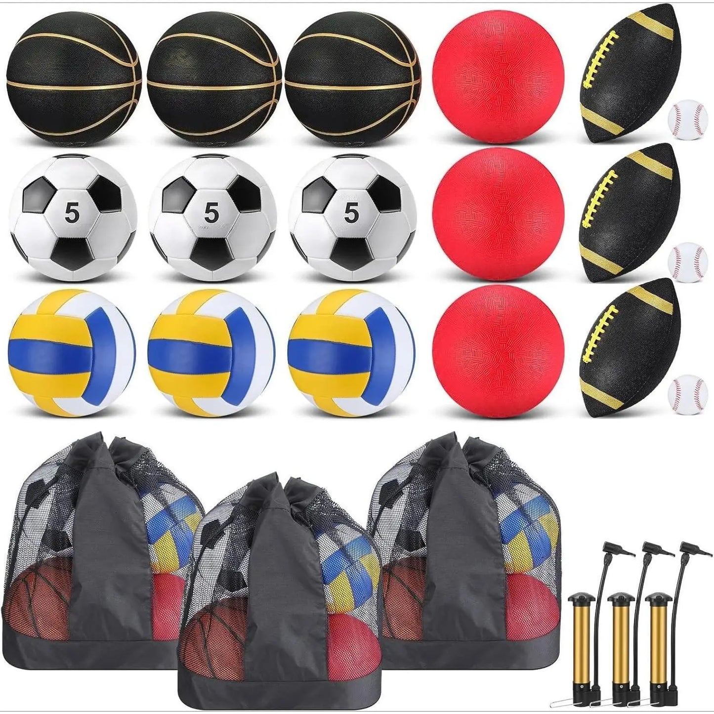 A_18 Pcs Sport Balls Bulk Set Basketball Football Volleyball Soccer Playground Baseball with Sport Equipment Bag Pump for Youth
