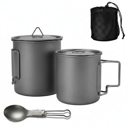 Titanium Camping Cookware Set with Folding Mug (420ml/750ml) and 750ml Pot, Lightweight Portable Outdoor Kit for Hiking Backpack