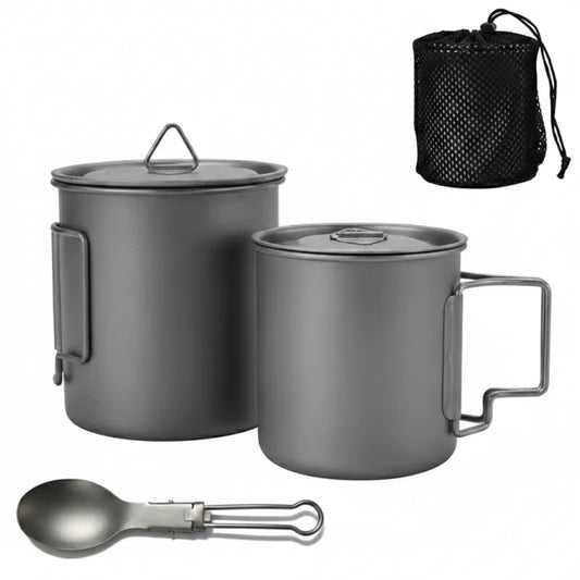 Titanium Camping Cookware Set with Folding Mug (420ml/750ml) and 750ml Pot, Lightweight Portable Outdoor Kit for Hiking Backpack