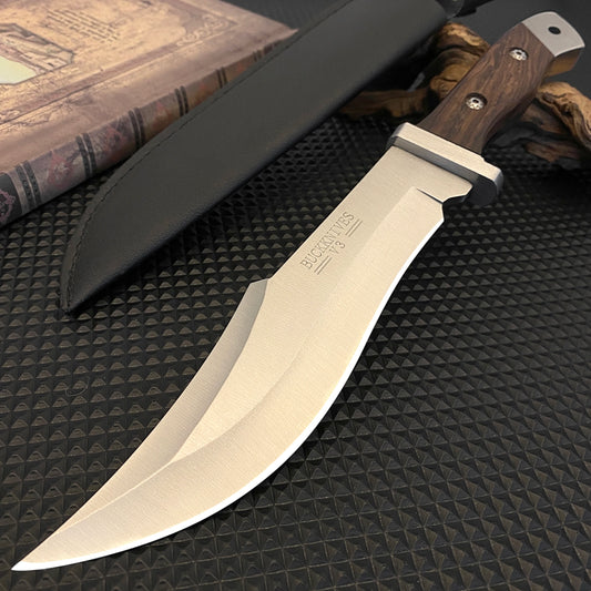 Stainless steel hunting knife with a wooden handle