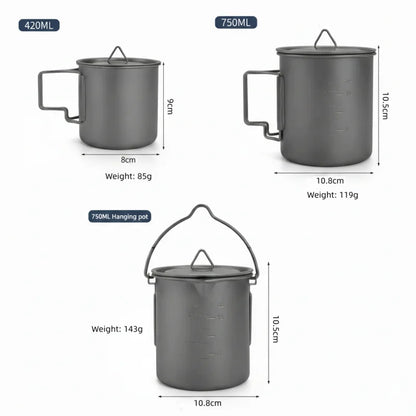 Titanium Camping Cookware Set with Folding Mug (420ml/750ml) and 750ml Pot, Lightweight Portable Outdoor Kit for Hiking Backpack