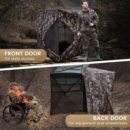 A—Hunting Blind 300D See Through Ground Blinds with Carrying Bag, 2/3/4 Person 270 Degree 2 Doors Pop Up Deer Blind Portable
