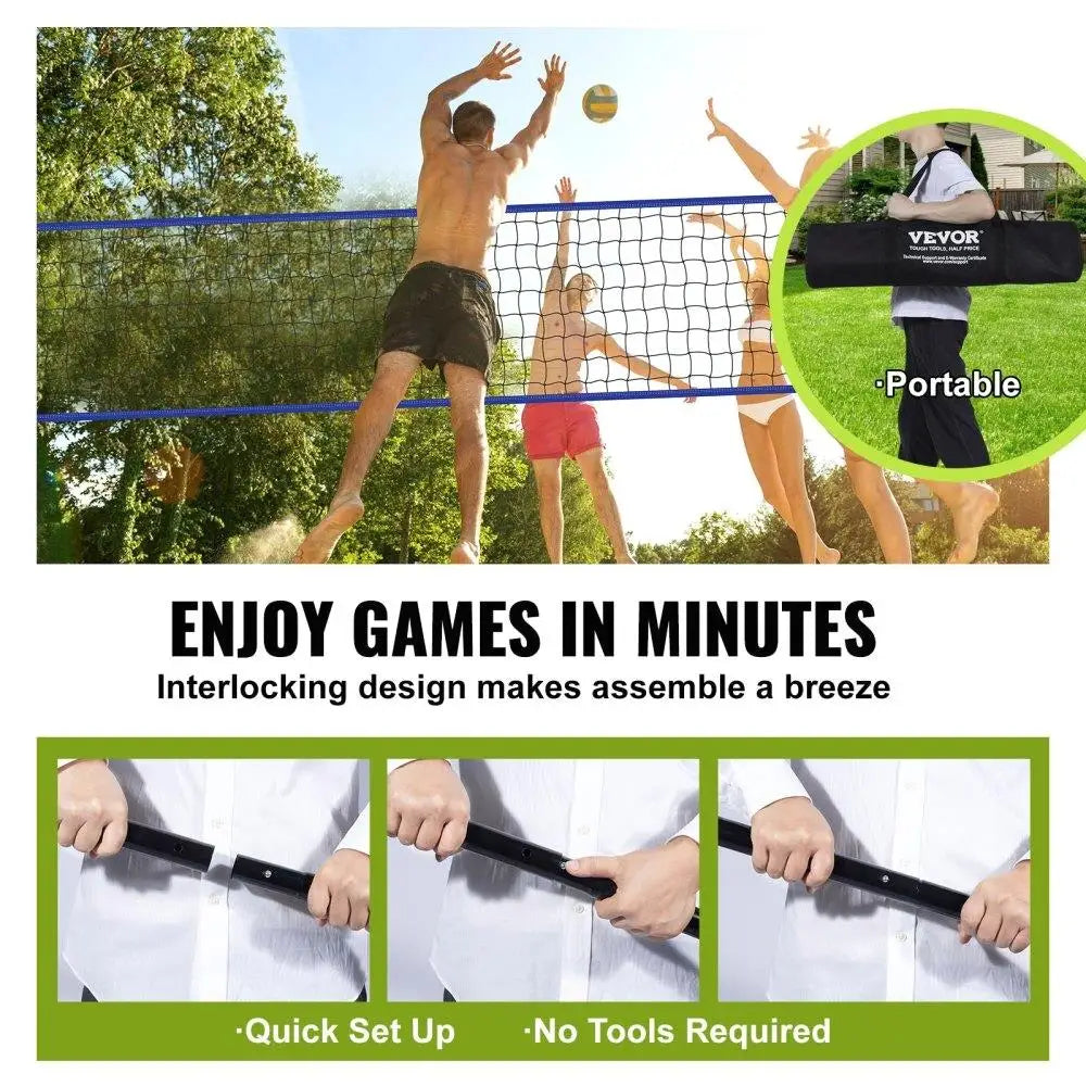 Outdoor Portable Volleyball Net System Heavy Duty PVC Net with Adjustable Steel Poles Complete with Ball, Pump, and Carry Bag