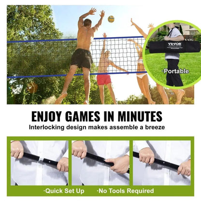 Outdoor Portable Volleyball Net System Heavy Duty PVC Net with Adjustable Steel Poles Complete with Ball, Pump, and Carry Bag