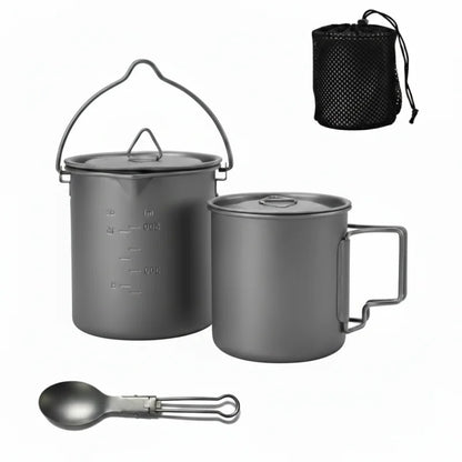 Titanium Camping Cookware Set with Folding Mug (420ml/750ml) and 750ml Pot, Lightweight Portable Outdoor Kit for Hiking Backpack